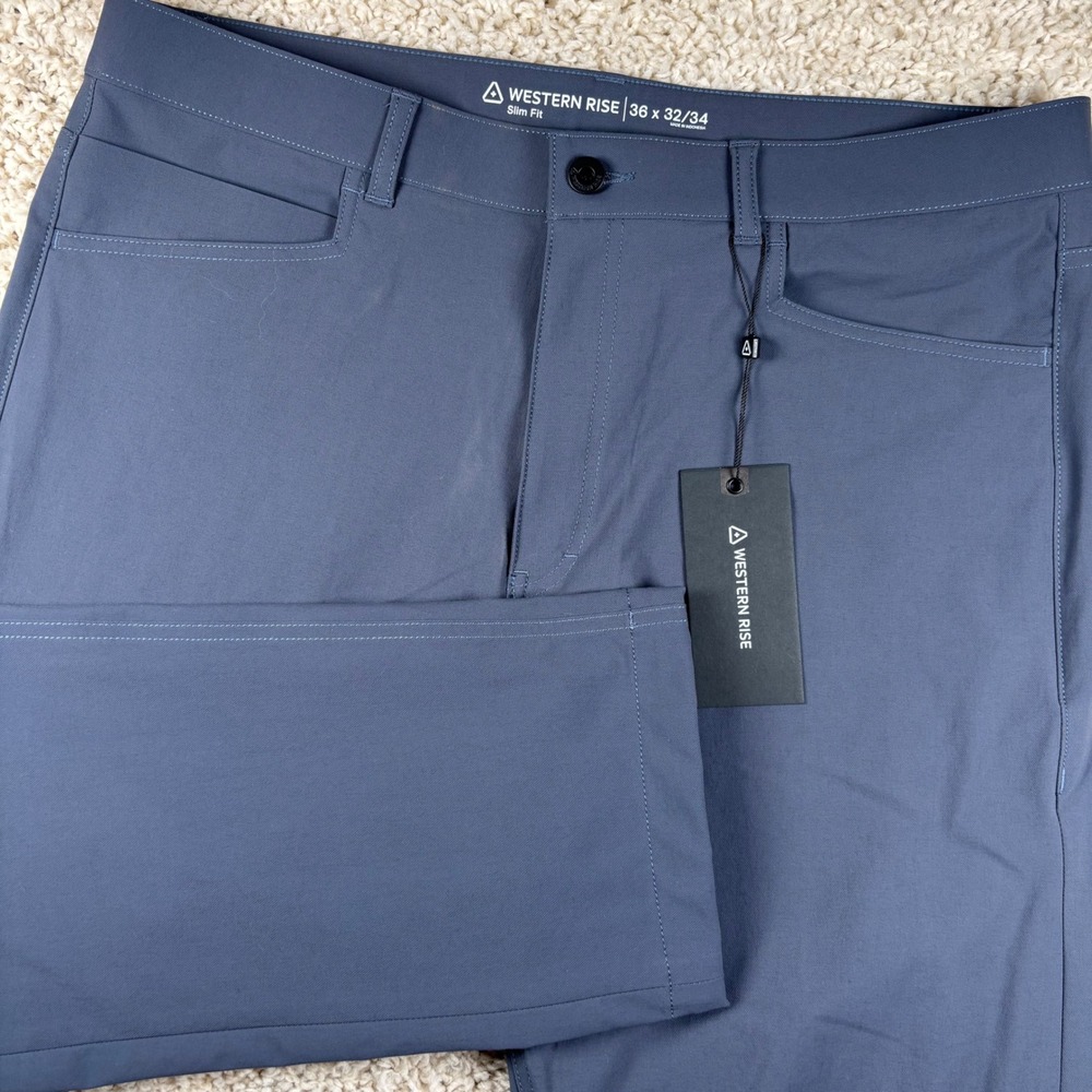 NWT Western Rise Mens Evolution Pant 36 Blue Grey Slim Fit 4-Way Stretch Travel